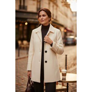 Liz Claiborne Womens Ivory Button-Front Wool-Blend Coat Mid-Length Premium Touch